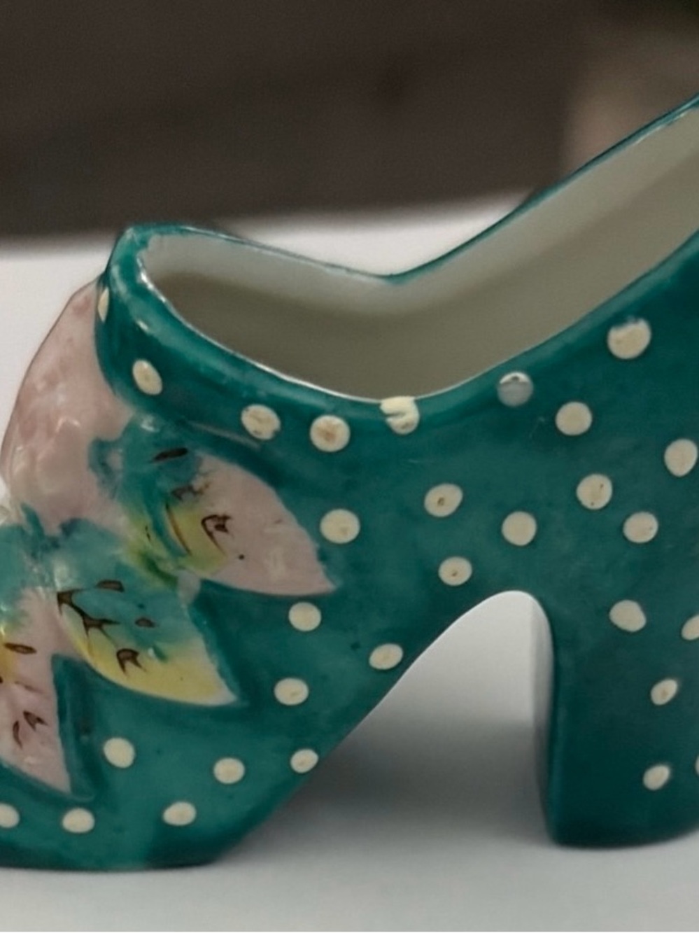 Vintage Hand Painted Teal Polka Dot Floral Decorative Shoe Planter Made in Japan